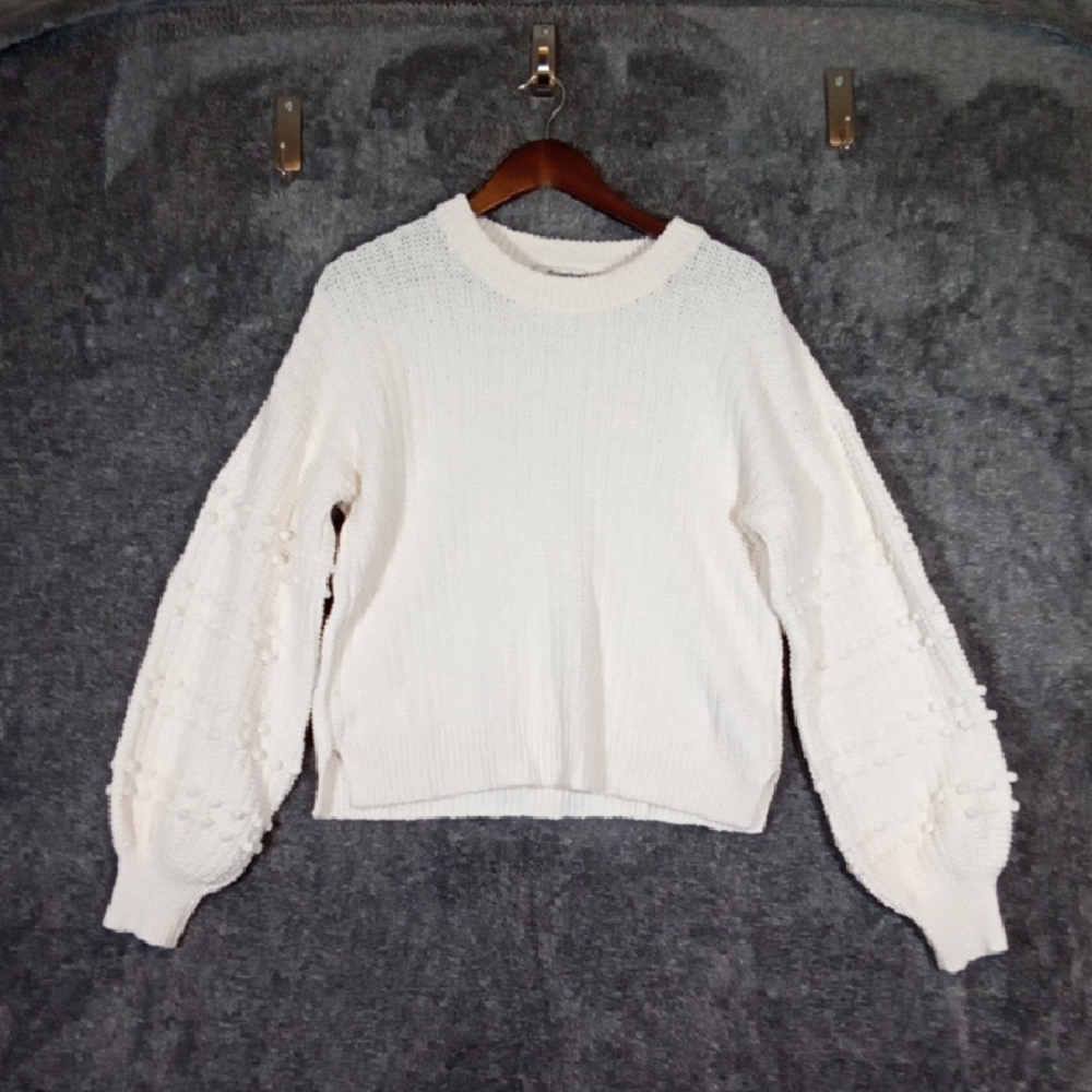 Madewell Cream Textured Balloon Sleeve Crewneck Sweater Womens Medium